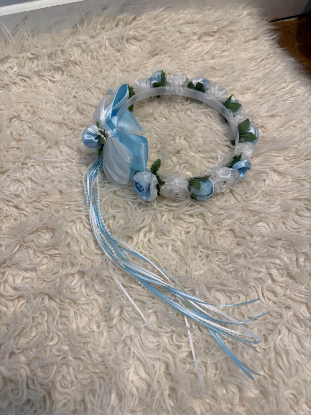 Blue and White Floral Ribbon Halo Headband